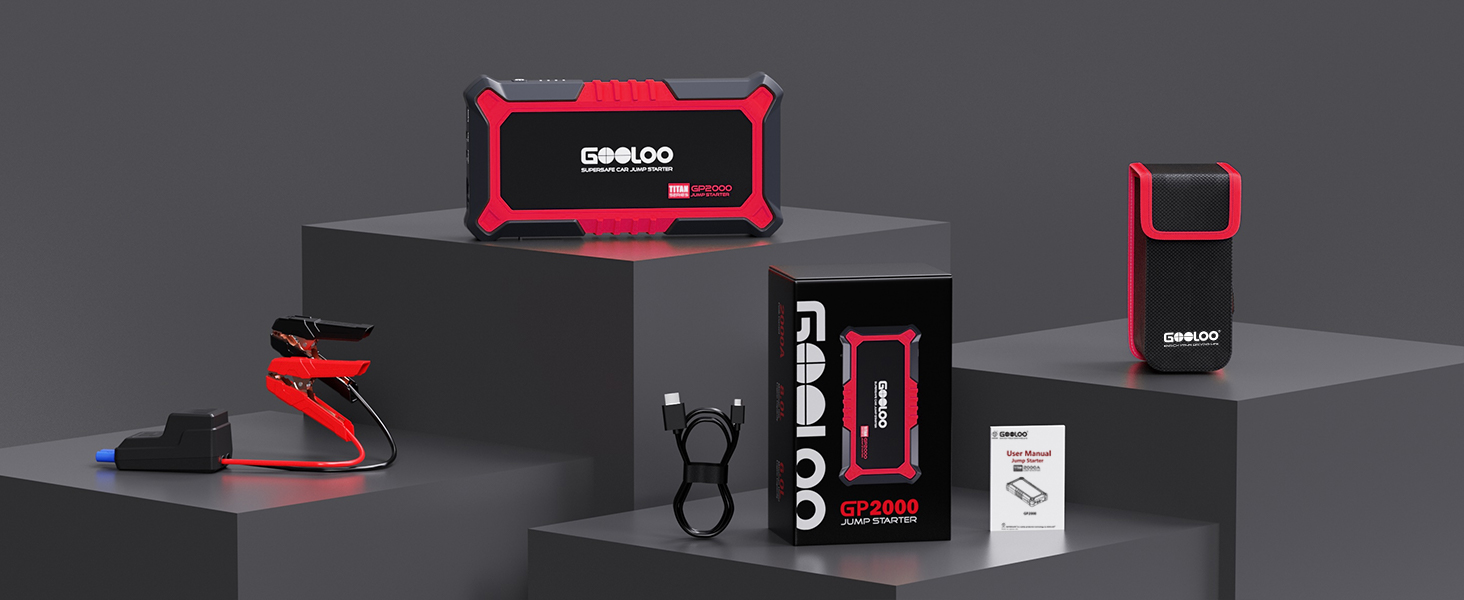 Powerbank Starthilfe GOOLOO GP2000 для автомобіля: 2000A, 12V, до 8.0L бензин/6.0L дизель, USB-швидка зарядка, LED, стартові кабелі