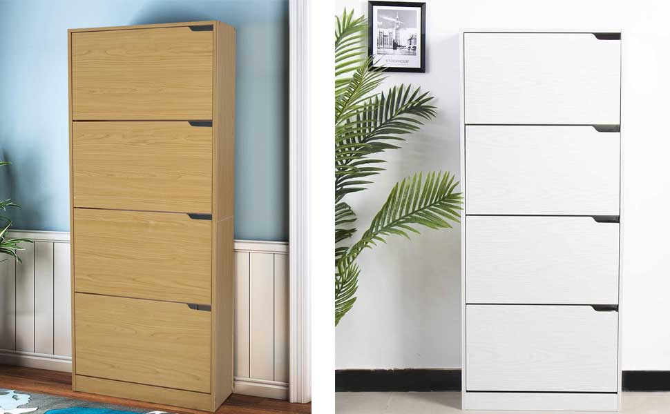 Стеллаж для взуття BAKAJI з МДФ, 4 дверцята, компактний, 63x24x150 см, зелений та дуб