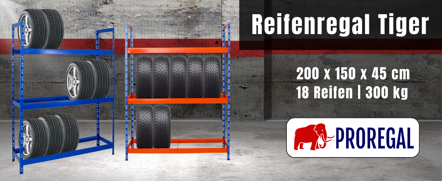 Стелаж для шин PROREGAL Tiger XL: 200x150x45 см, 300 кг навантаження, до 18 шин (205/55 R16), блакитно-помаранчевий | Стелаж для автосервісу, складу, підвалу