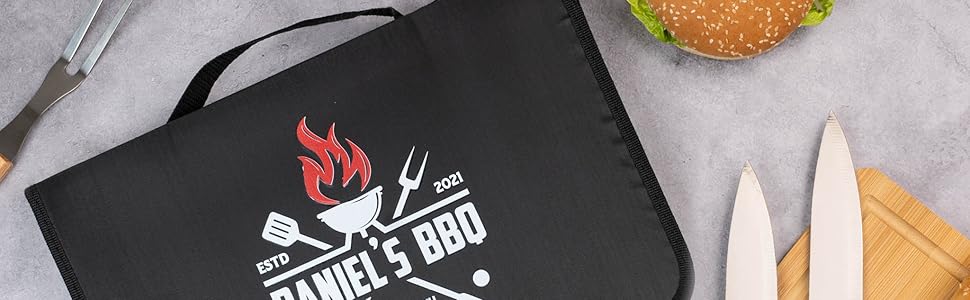 Персоналізований набір для барбекю Wanapix | 6 аксесуарів (ніж, точилка, ніж для нарізання, щипці, бамбукова дошка)