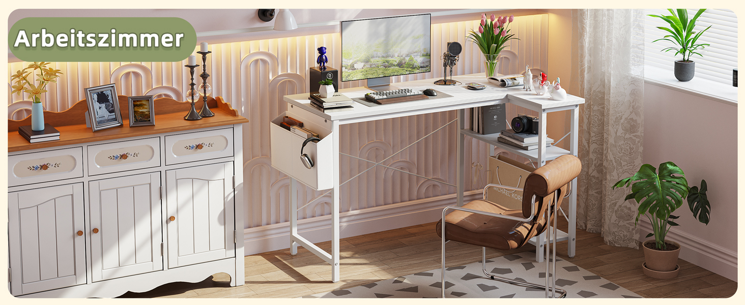 Бексв'ю кутовий стіл L-подібний для геймінгу 100x70 см з полицями, білий. Стіл для комп'ютера, навчання, роботи вдома.