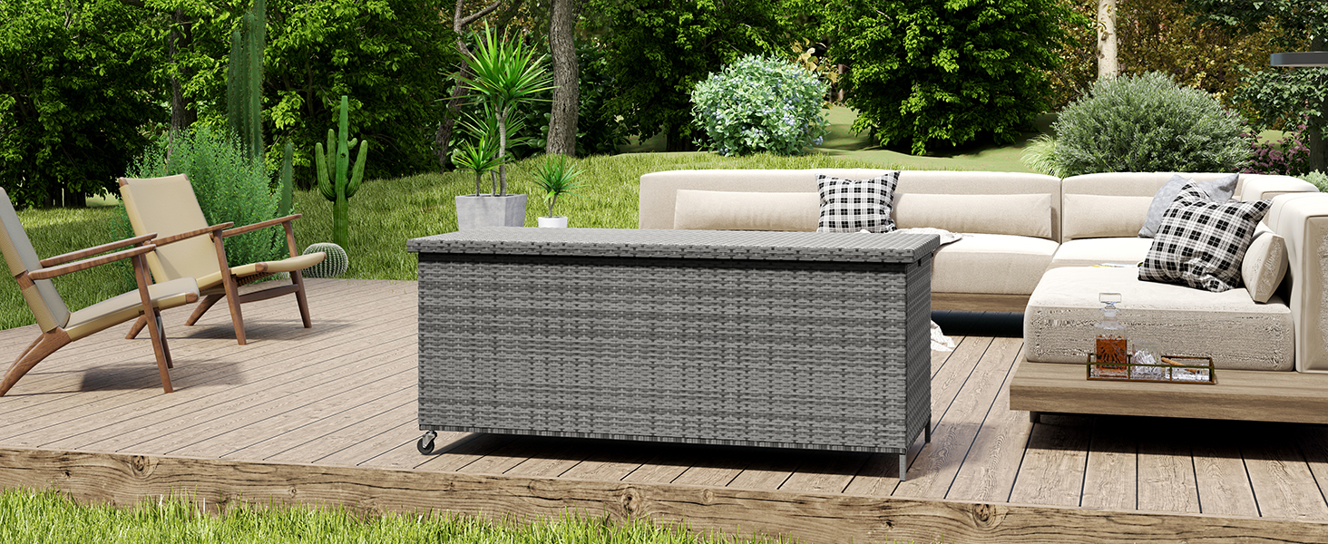 Водонепроникний садовий ящик для зберігання UDPATIO 480л з колесами, сірий 138x61 см | Ящик для подушок, стійкий до УФ-випромінювання та погодних умов для саду, балкону