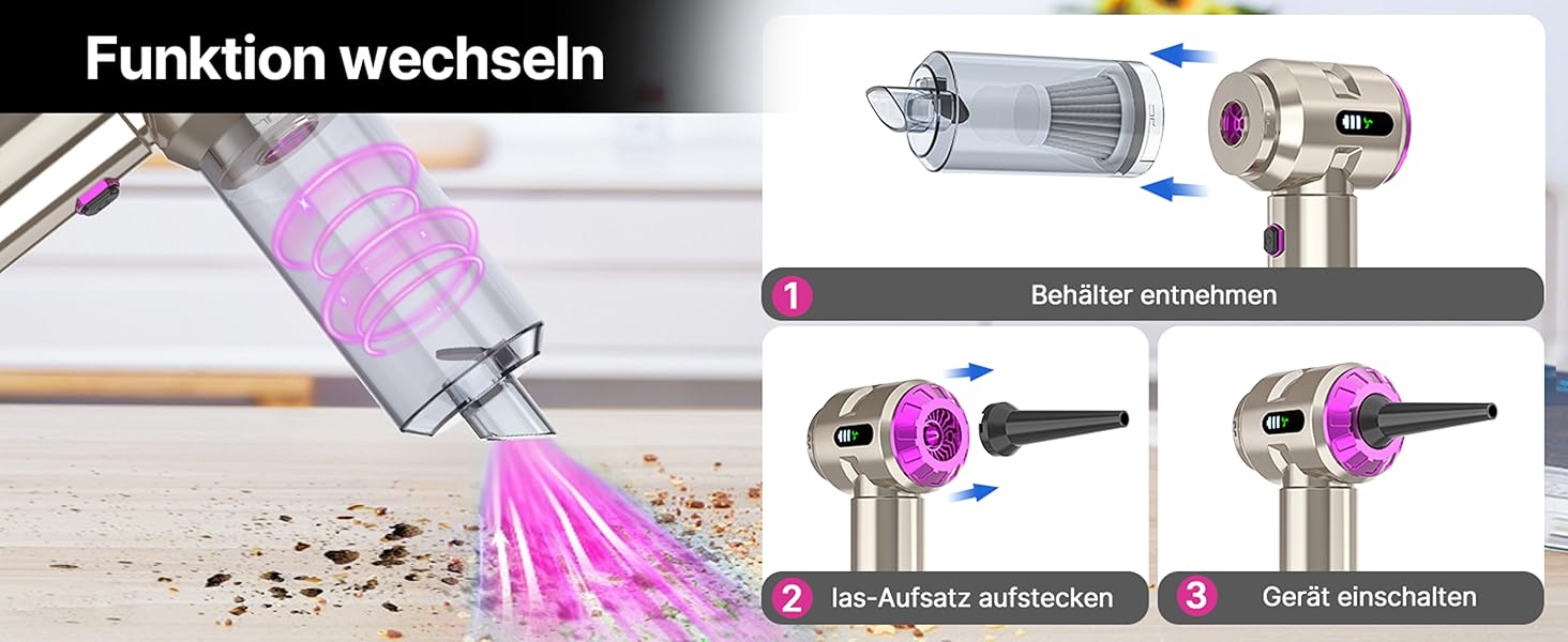 Акумуляторний ручний пилосос Piwaal 4-в-1, 22000Па, безщітковий двигун з функцією обдуву (220000 об/хв), для авто, дому, офісу та комп'ютера, чорний