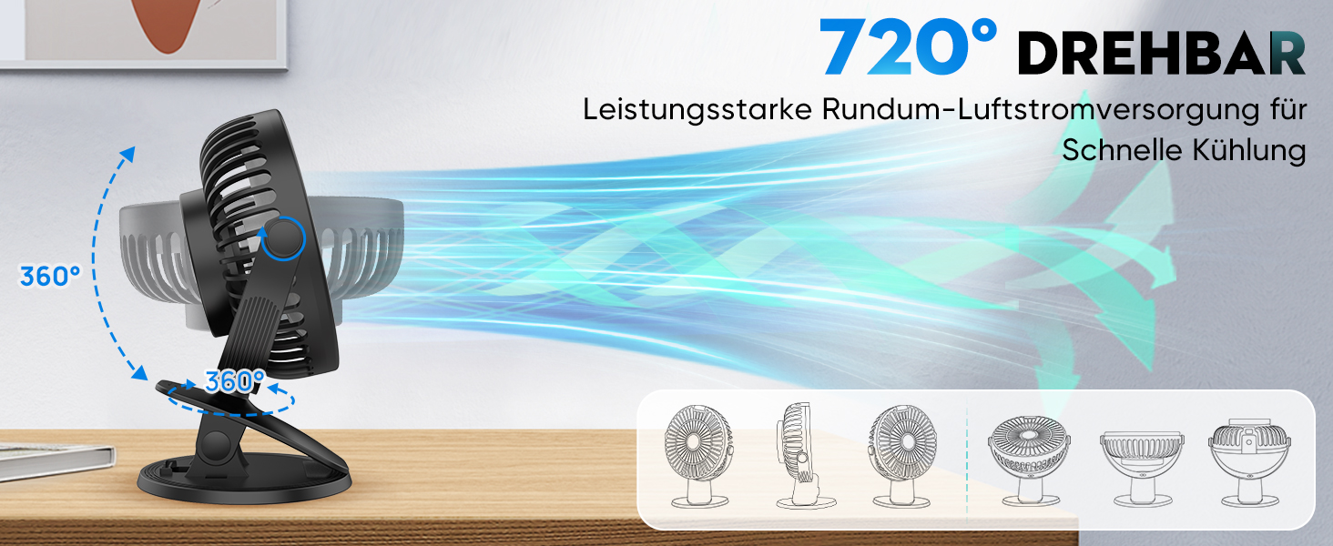 COZII Міні-вентилятор USB: кліпса на стіл, 720° поворот, 5 швидкостей, LED-дисплей. Портативний вентилятор для дому, офісу, дитячого візочка, подорожей - чорний
