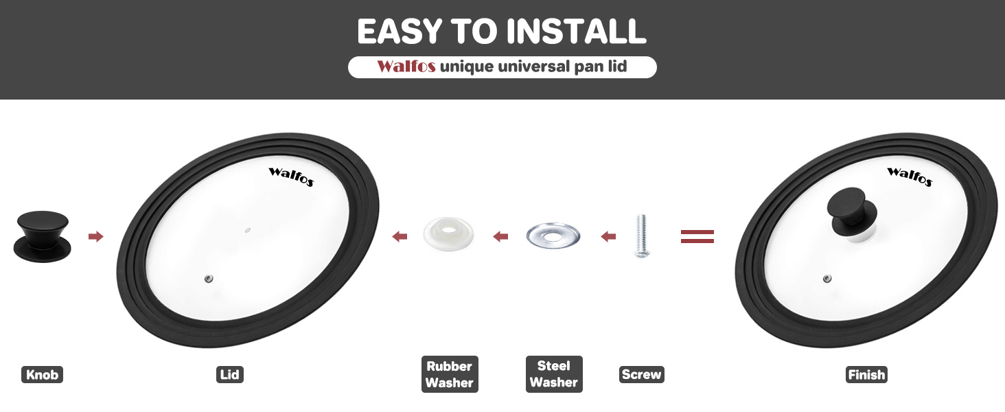 Універсальна скляна кришка для каструль та сковорід Walfos (33, 36, 38 см) з силіконовим обідком, термостійка, чорна