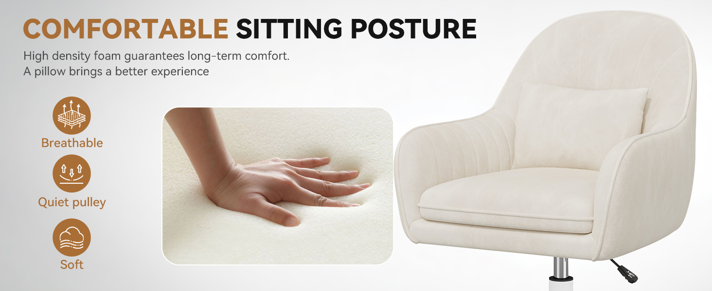 Крісло для дому та офісу Aivermeil: м'яке, з підголівником, обертове, регульоване по висоті, ергономічне, до 120 кг, бежеве