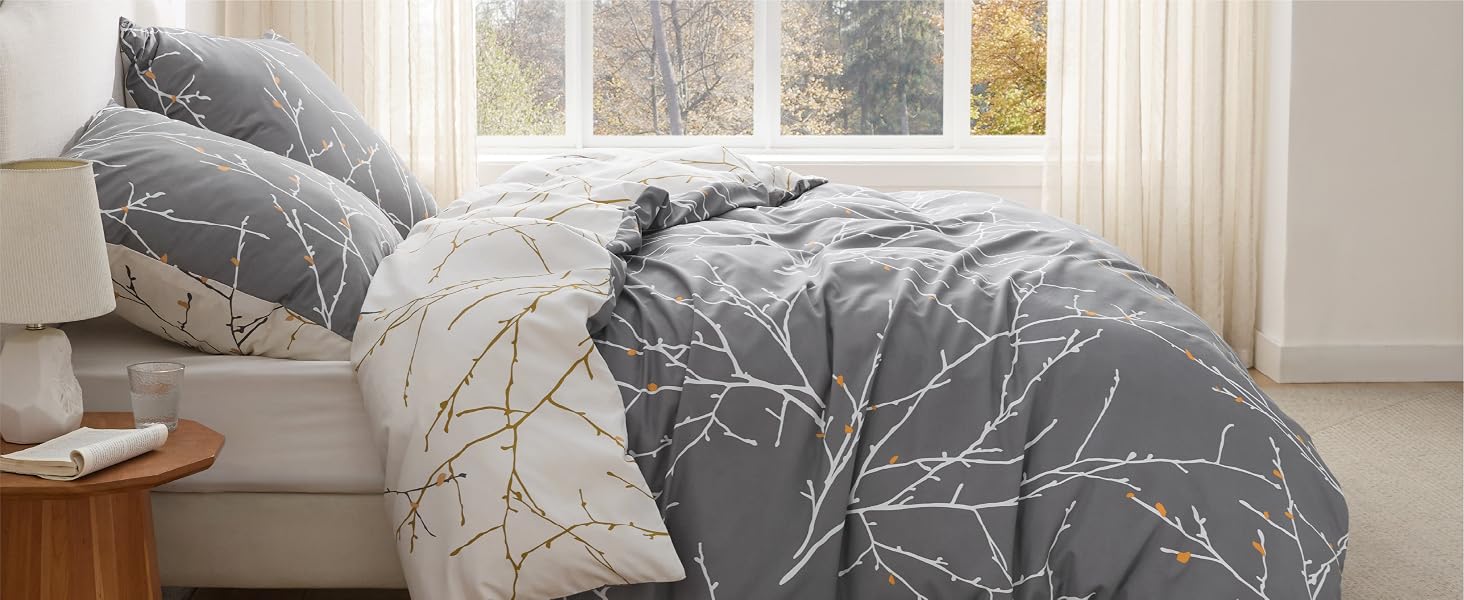 Комплект постільної білизни BEDSURE з мікрофібри, 4 предмети (135x200 см), сірий з гілками — 2 наволочки 80x80 см