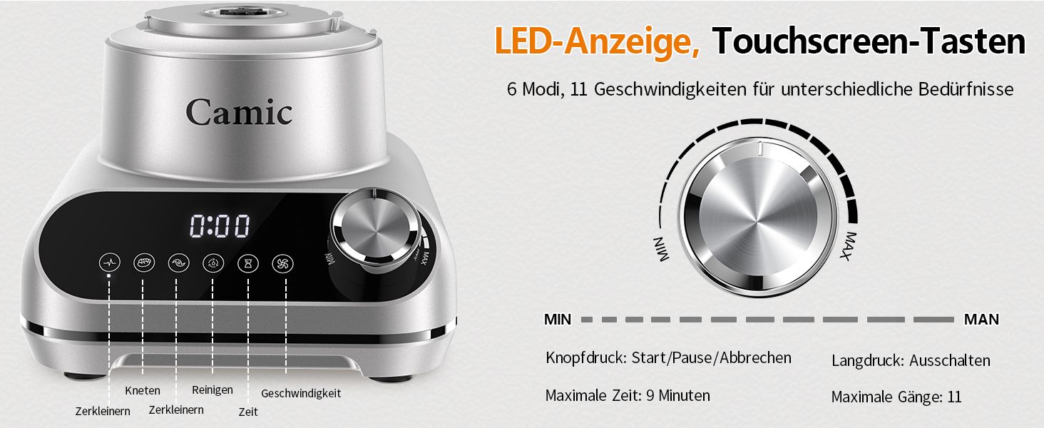 Кухонний комбайн Camic 1500W з мискою 2.5л, 6 програм, подрібнювач, нарізач, міксер, аксесуари, для дому, сріблястий