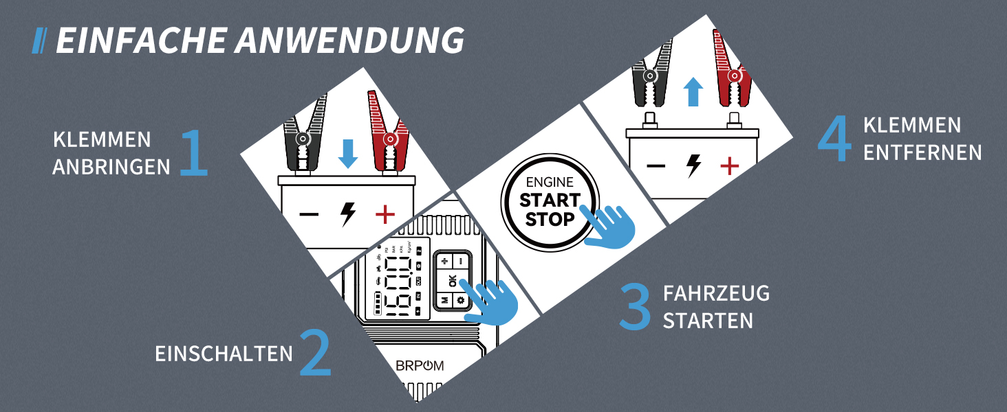 Портативний пусковий пристрій BRPOM з компресором та LED-ліхтарем, 26800mAh, 160PSI, сумісний з бензиновими та дизельними двигунами (до 12.0L)