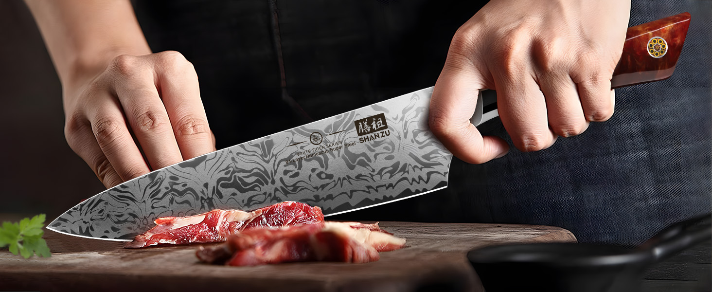 SHAN ZU Кухонний ніж Шеф-кухар, Японський ніж Дамаск з порошкової сталі SG2, Ручна ковка, 91 шар Дамаск, 20 см, професійний ніж з ахонним руків'ям, серія WHITE TIGER