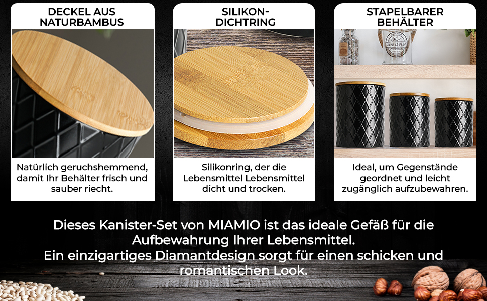 Набір з 3 вазочок для зберігання Miamio Palmanova, кераміка з дерев'яним кришкою, білий та чорний