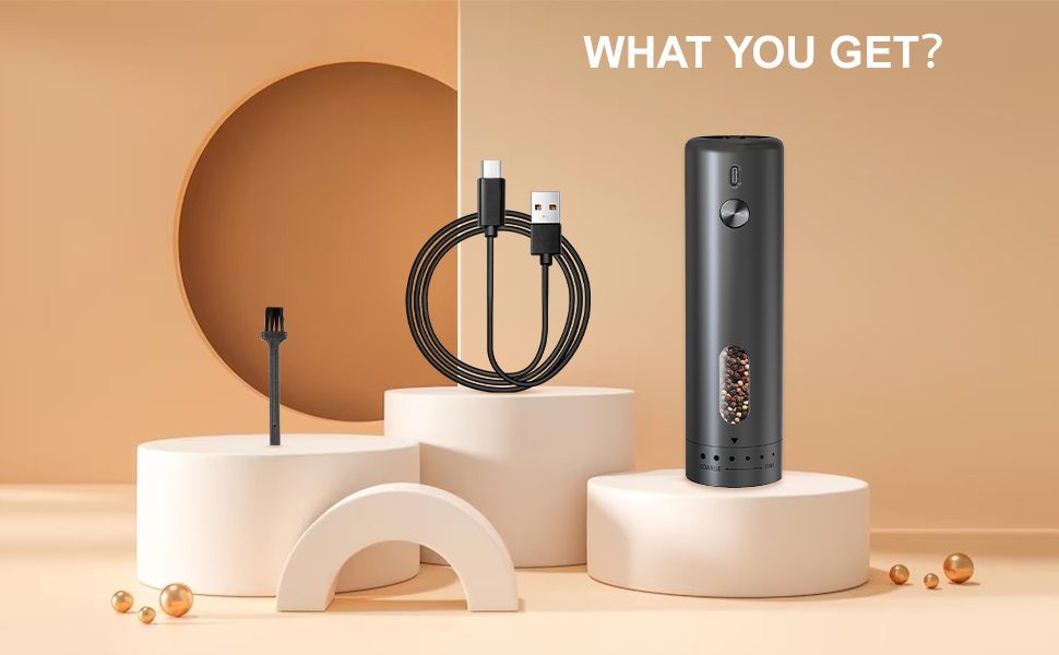 Електричний набір для солі та перцю з зарядною станцією, об'єм 110 мл, перезаряджувана соляна млинка з 5 рівнями, керамічна млинка з щіткою (1 шт, чорний)