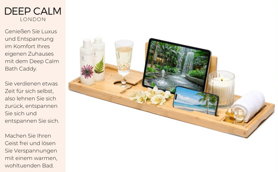 Підставка для ванни Deep Calm - регульована бамбукова підставка - антиковзаюча підставка для ванни. Підходить для більшості ванн. Місце для книги, iPad, телефону, склянки, свічки (натуральний бамбук)