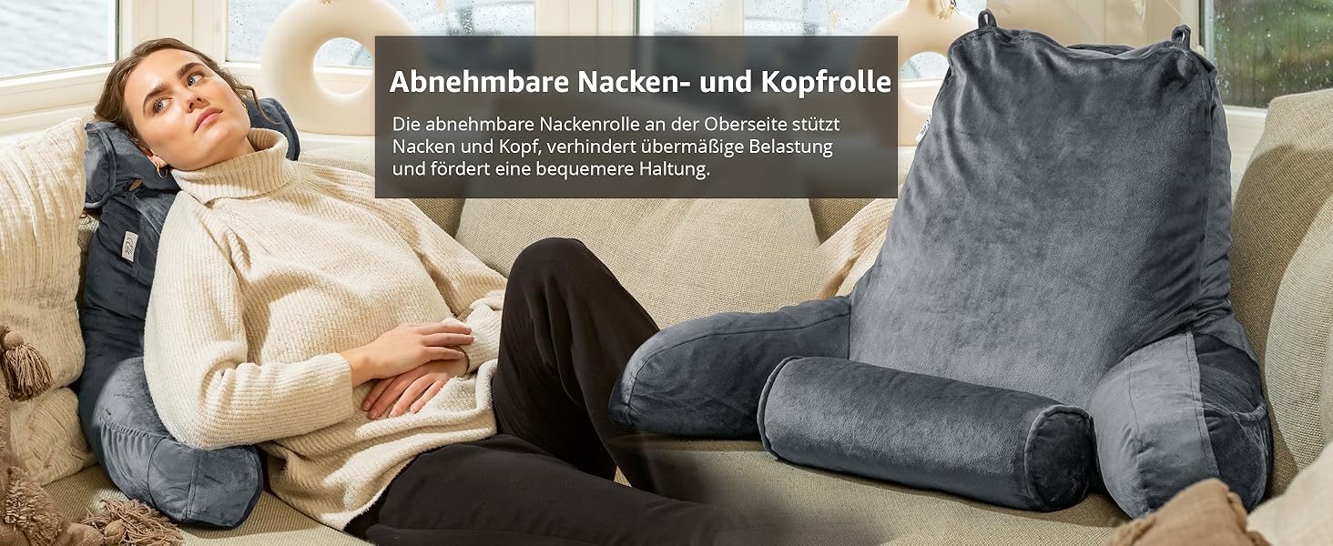 Подушка для читання Ella Lesekissen для ліжка та дивана з знімною подушкою для шиї - подушка для спини - подушка для читання з піною з пам'яті з підлокітниками, ідеально підходить для читання, перегляду телевізора, лінощів або як підтримка спини - сіра