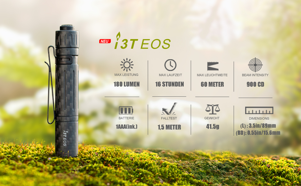 Світлодіодний міні-ліхтарик OLIGHT I3T EOS з підсвічуванням 180 люмен 60 м, невеликий ліхтарик з торцевим вимикачем, водонепроникний IPX8, батарея AAA, для кемпінгу, полювання, роботи та аварійної ситуації (вуглецеве волокно)