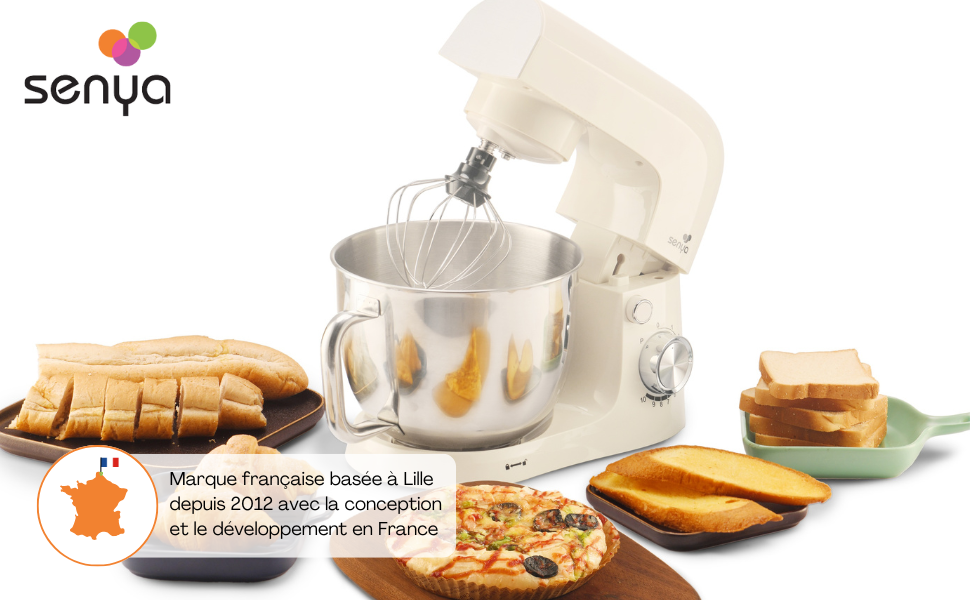 Кухонна машина SENYA 1500 Вт з чашею з нержавіючої сталі 5 л, 10 швидкостей + імпульсний режим, міксер, вінчик, гак в комплекті, захист від бризок з розділювачем яєць, тиха робота