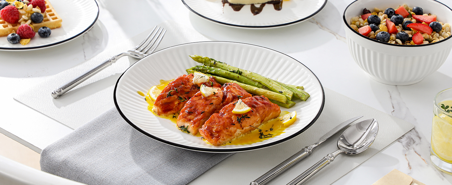 Набір посуду MALACASA LEILA 6 осіб, 24 частини: тарілки, миски, порцеляна, білий з чорним обідком