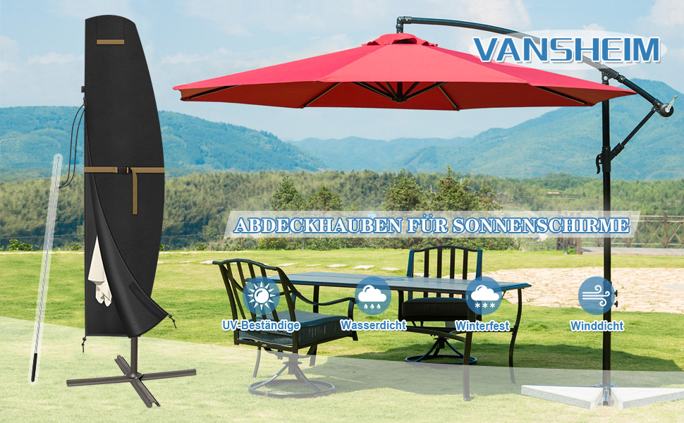Захисний чохол для подвійного парасоля VANSHEIM, діаметр до 400 см. Водонепроникний, захист від УФ-променів. Підходить для парасолів-наметів з ніжкою. Розмір 460x270 см (220x45/70/50 см).