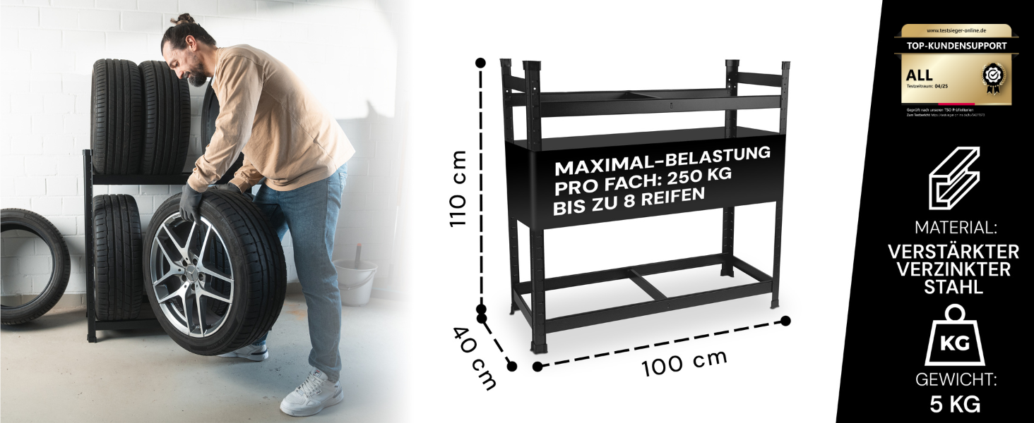 Стійка для шин Premium 8 шин, 100x110x40 см, чорна, 175 кг, для гаража та складу