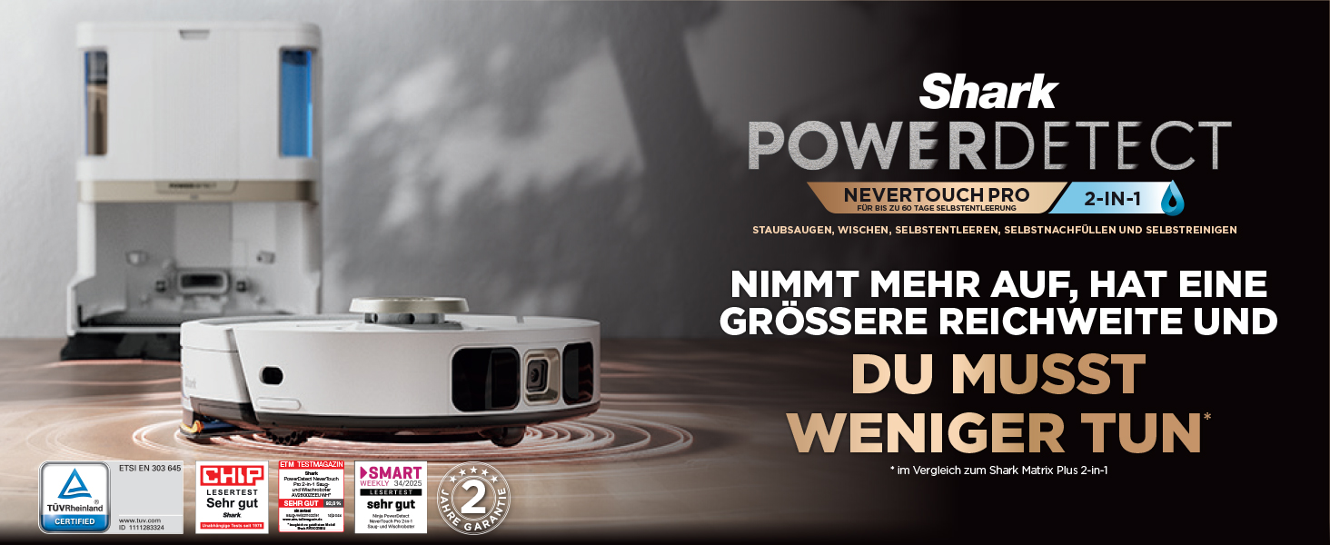 Робот-пилосос Shark PowerDetect 2-в-1 з функцією миття, NeverTouch Pro, 60 днів автономності, самостійне очищення контейнера, 3D та LiDAR навігація, уникнення перешкод NeverStuck, керування через додаток, білий, AV2810ZEEUWH, 4 щітки / Anti-Micro Pads / 2 капсули