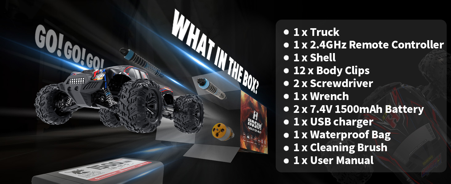 Радіокерований автомобіль Hosim 1:10, 60 км/год, 4WD позашляховик Monstertruck, 2 акумулятори, водонепроникний, для дорослих та дітей від 8 років, чорний