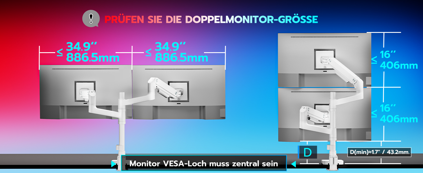Кріплення для монітора ARES WING для 2 моніторів, 17-49 дюймів, газ-амортизатор, регулювання висоти, поворотний, VESA 75/100 мм, 2-20 кг, білий