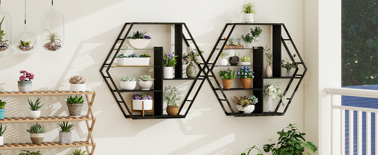 Підвісні полиці YU YUSING з RGB підсвічуванням 7 кольорів, геймерські полиці з 8 гачками, стелажі для демонстрації, настінні вітрини з 2 скляними полицями, підвісні шафи для спальні, кухні, бару, ігрової кімнати, декор, гексагон, карбонове покриття