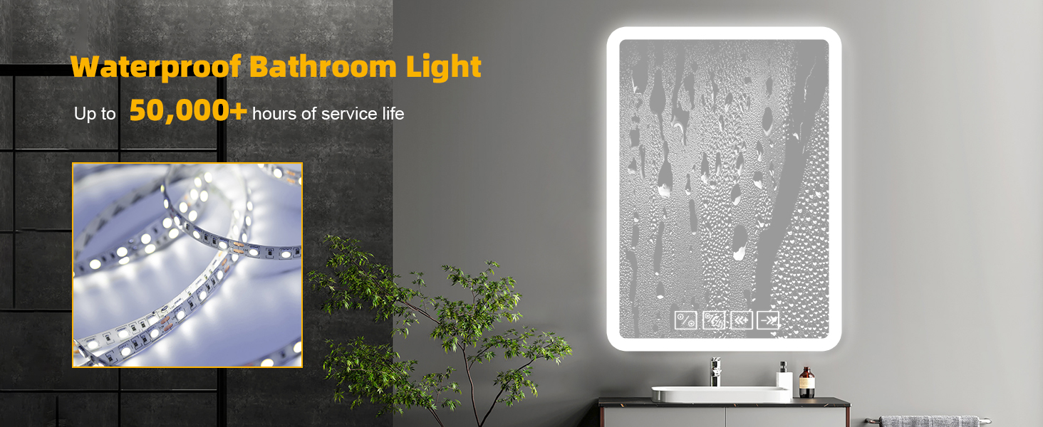 Дзеркало для ванної кімнати з підсвіткою 50x70 см з Bluetooth, годинником, функцією проти запотівання та сенсорним вимикачем