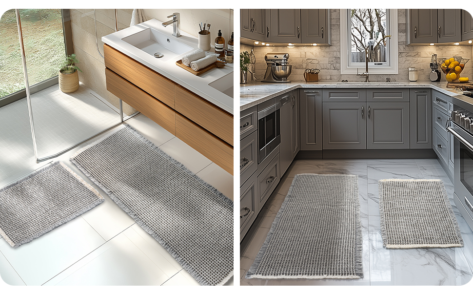 Набір килимків для ванної кімнати, антиковзні килимки, килимок для ванної кімнати (2 шт), стиль бохо, для ванної, спальні, вітальні, прання, душ, декор, 51 x 120 см + 41 x 61 см, коричнево-білий (сіро-білий)