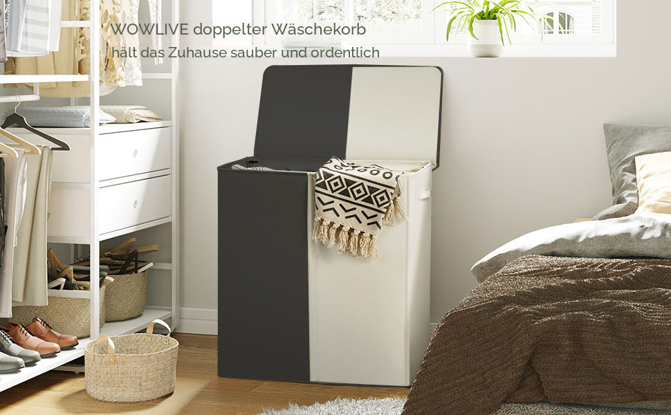 WOWLIVE Кошик для білизни 154L з кришкою, розкладний, 2 секції, з ручками, чорний+бежевий