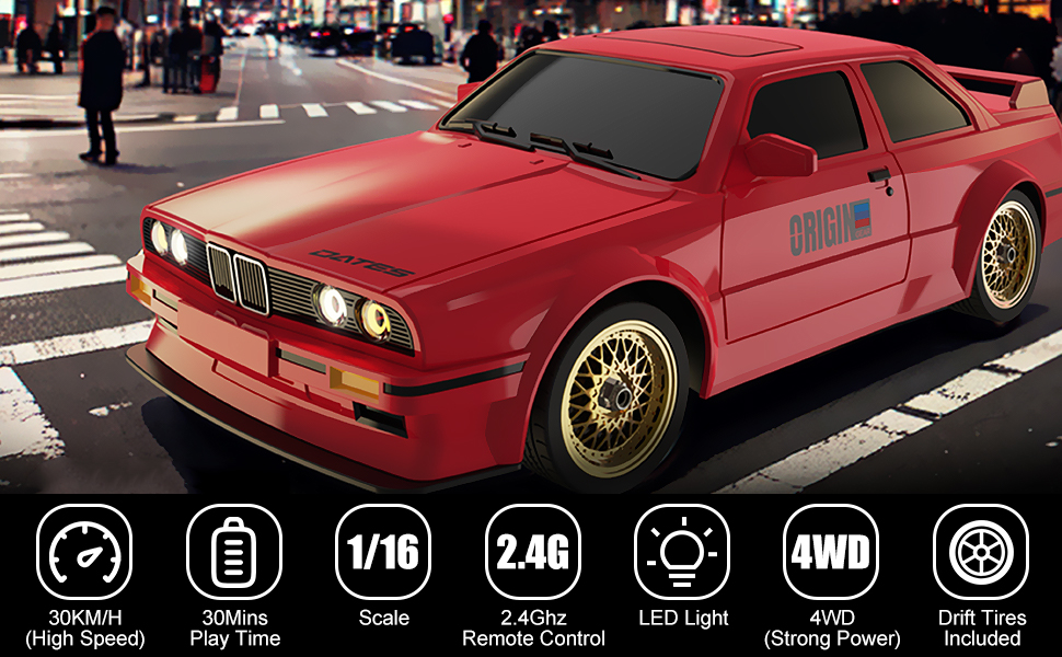 RC Автомобіль для дівчаток 1:16, Дрифт-кар зі світлодіодами 2.4GHz 4WD, Швидкість 30км/год, RTR, 2 акумулятори та дрифт-шини
