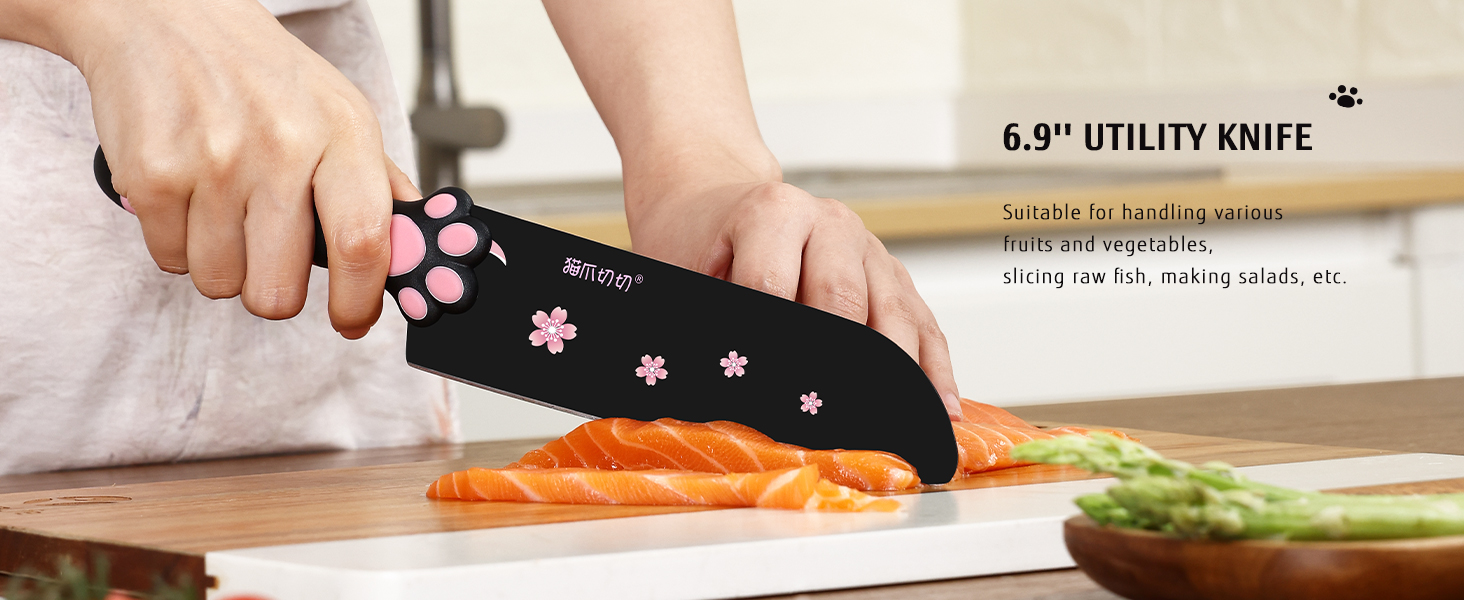Набір кухонних ножів MeowKit 5 предметів з нержавіючої сталі, милий набір ножів з знімним блоком та ножицями, котяча форма, чорний, рожевий, рожевий