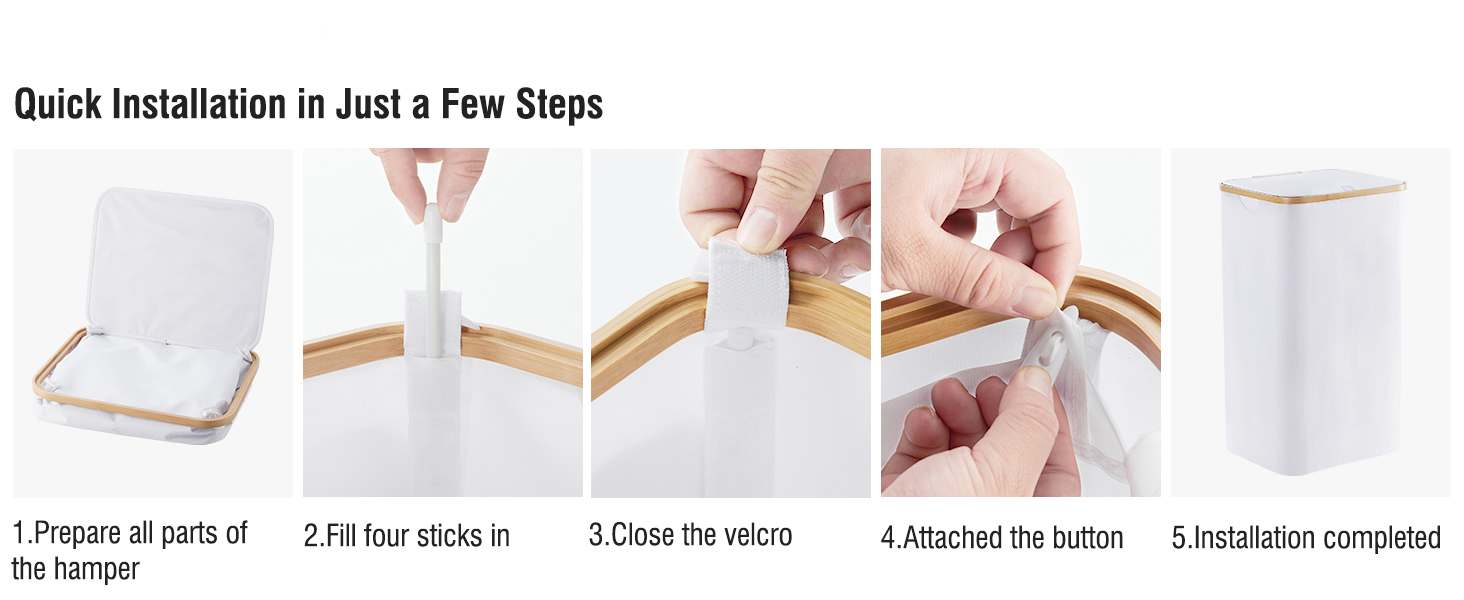 Кошик для білизни Youdenova з кришкою 85л, бамбук та дерево, сортувальник для білизни, великий, складний, білий