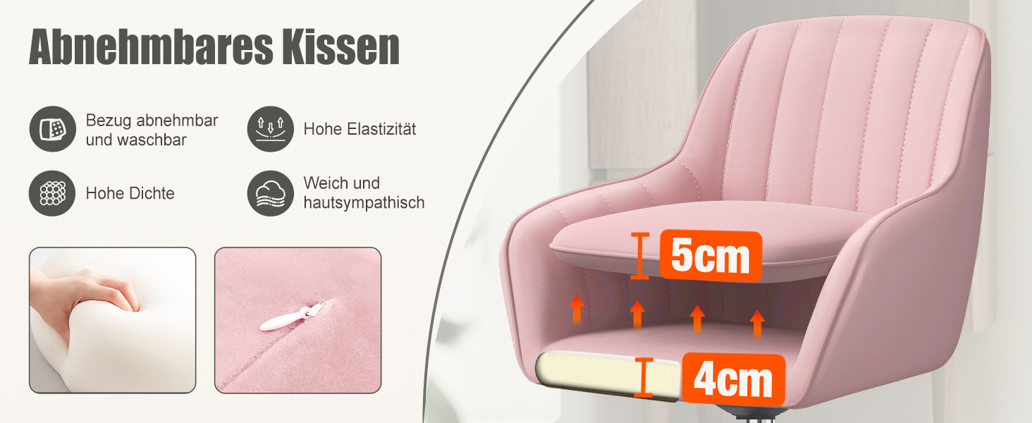 Крісло для робочого столу Daccormax, крісло для туалетного столика, обертове крісло до 150 кг, офісне крісло з регулюванням висоти, крісло для дому з м'якою оксамитовою оббивкою, комфортне для робочого кабінету, спальні, офісу, рожеве/рожеве