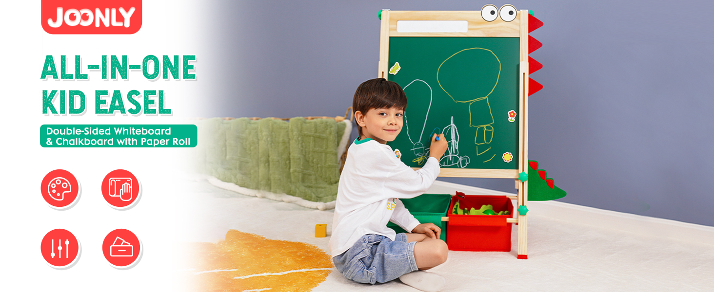 Дитяча мольберт Kinder з паперовою рулонком, двостороннє Whiteboard та крейдяна дошка, мольберт для малювання з цифрами та аксесуарами, регульована висота, з підставкою для олівців, білий (червоний)