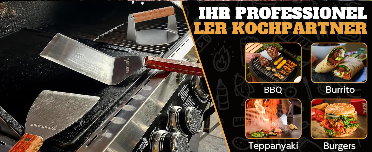 Набір гриль-посуду PURPLEBIRD 5 предметів: професійний інструмент з нержавіючої сталі, сумка-фартух, дерев'яні ручки, ідеальний для BBQ, Teppanyaki, подарунок для чоловіків (набір для бургерів)