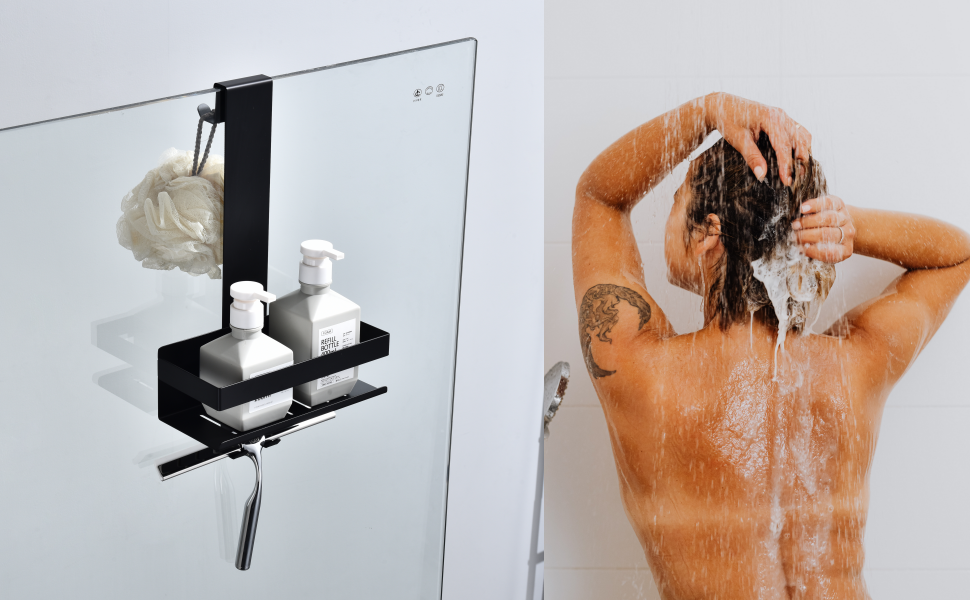 Настінна полиця для душу з нержавіючої сталі SUS304, 2 яруси, з гачками для скляних душових кабін, K07-23MB-2GL