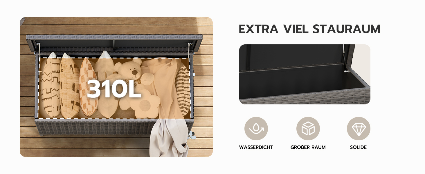 Водонепроникний садовий ящик Amopatio Gartenbox 480л з поліротангу, металевий ящик для подушок на колесах з газліфтом для саду та балкону, сірий