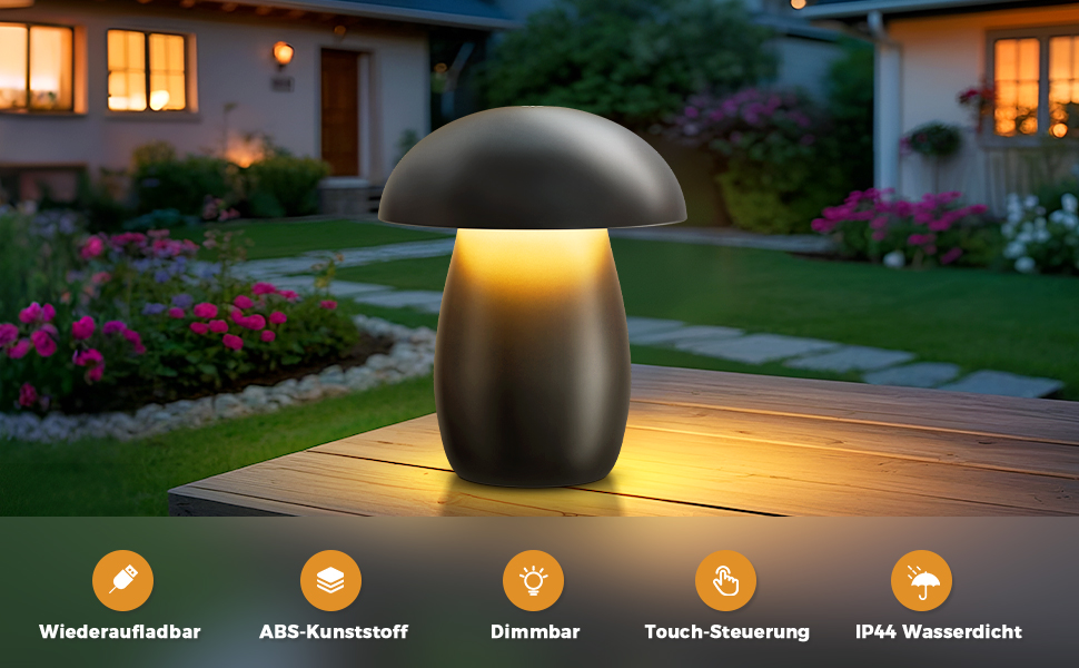 FUYO Pilz Lampe Kabellos: Бездротова лампа-гриб з торшером, сенсорне керування, регулювання яскравості та функція пам'яті, сучасний дизайн для спальні, вітальні та кемпінгу, елегантний чорний колір