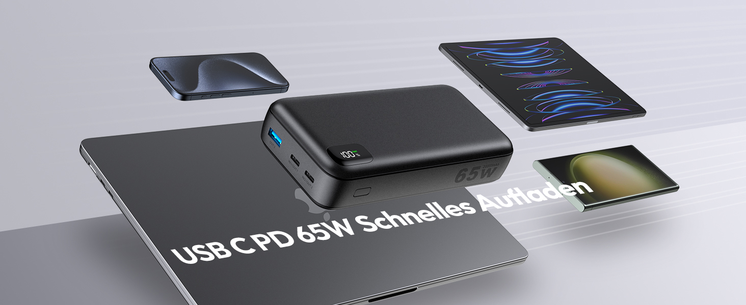 Вт 20000 мАг, PD3.0 QC4.0, 3 виходи, USB-C, швидка зарядка, для ноутбука та мобільного телефону, 65