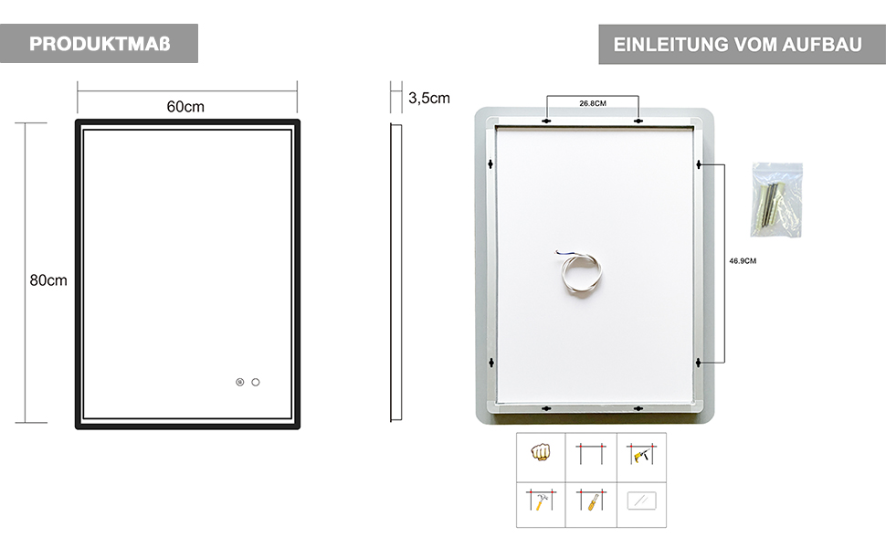 Дзеркало для ванної кімнати Puchika з підсвічуванням LED, 50x70 см, настінне, регульоване, тепле/холодне/нейтральне світло 3000-6400K, IP44, сенсорне керування, антизапар, годинник