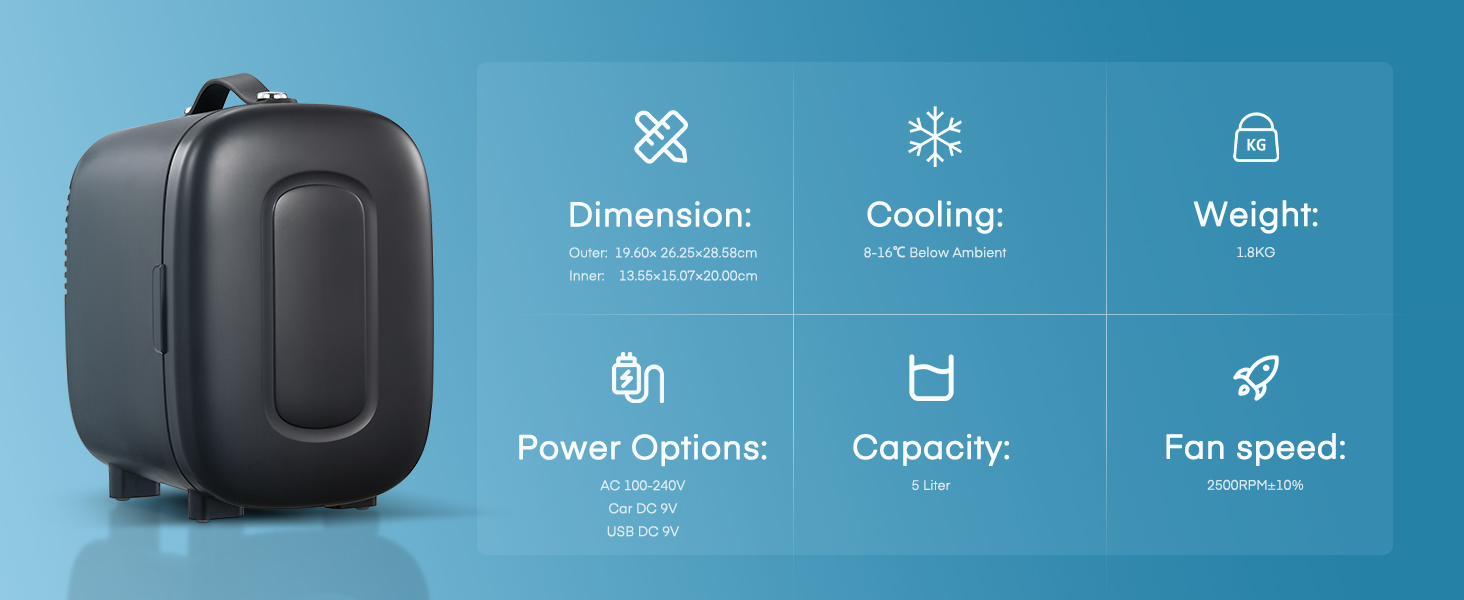 Міні холодильник FOHERE 5 літрів / 6 банок, USB живлення, 220V AC/12V DC, для напоїв та косметики, білий (чорний)