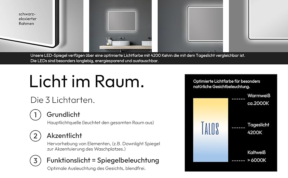 Дзеркало для ванної кімнати Talos Black Moon LED 120x70 см з підсвічуванням, вологостійке, нейтральне світло