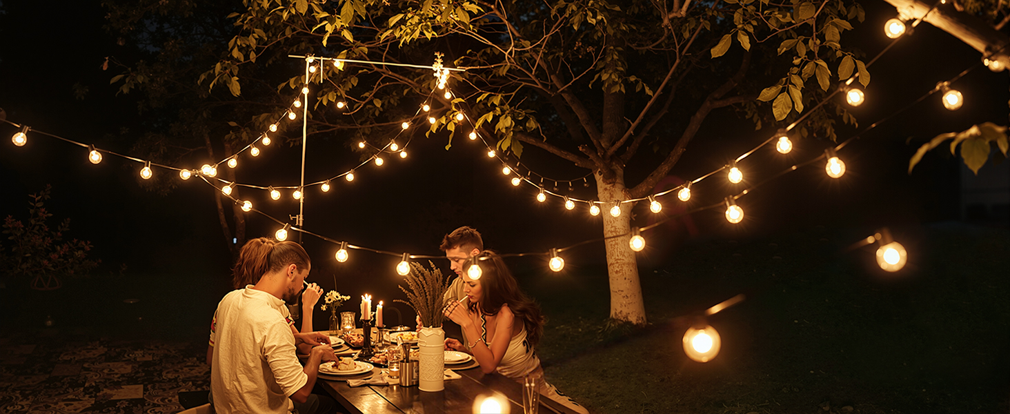 Світлодіодна гірлянда сонячна на 10 метрів, 16+1 лампочки G40, димування, 3 режими, пульт дистанційного керування, вологостійка, тепле біле світло, для саду, балкона, декору вечірок