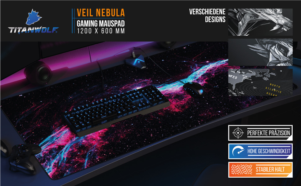 Ігровий килимок для миші Titanwolf XXXL (1200x600 мм) з принтом Veil Nebula — великий килимок на стіл для геймерської миші та клавіатури