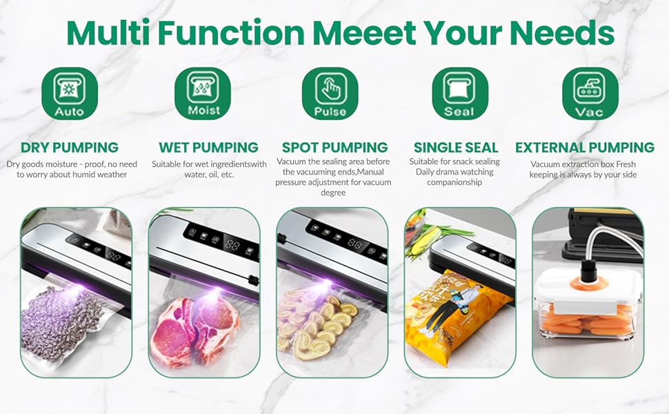 Вакууматор для продуктів 6-в-1, професійний автоматичний вакуумний пакувальник з різаком, цифровим таймером та набором з 50 пакетів і шланга, 75КПа