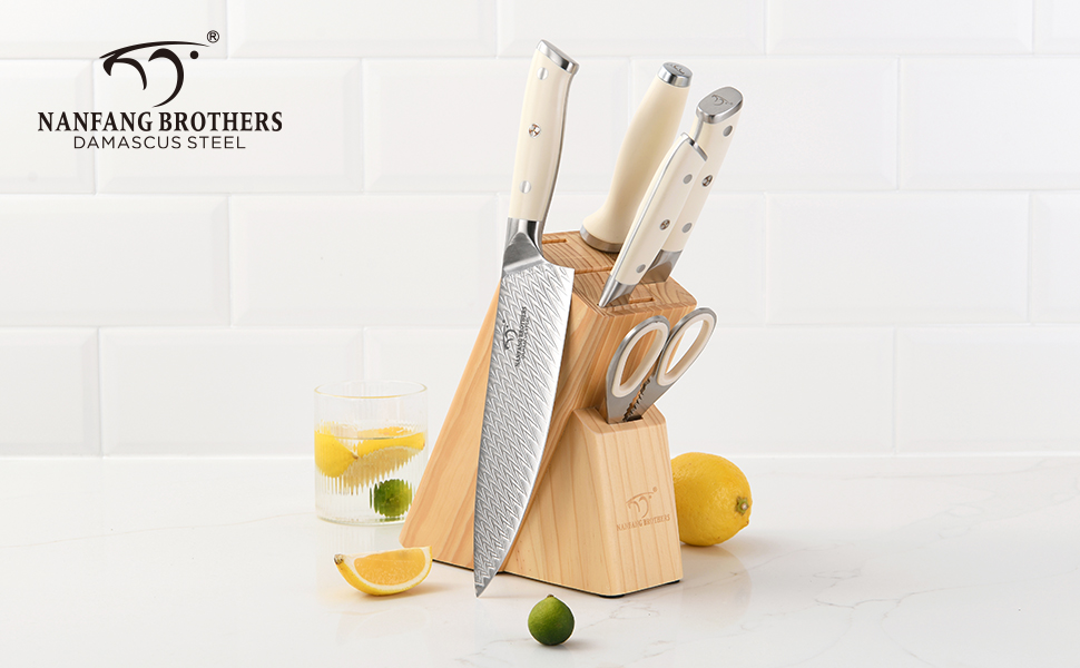 Набір кухонних ножів NANFANG BROTHERS Profimesser Damaskus 5 шт. з дерев'яним блоком. Ножі з дамаської сталі, кухонні та для приготування їжі.