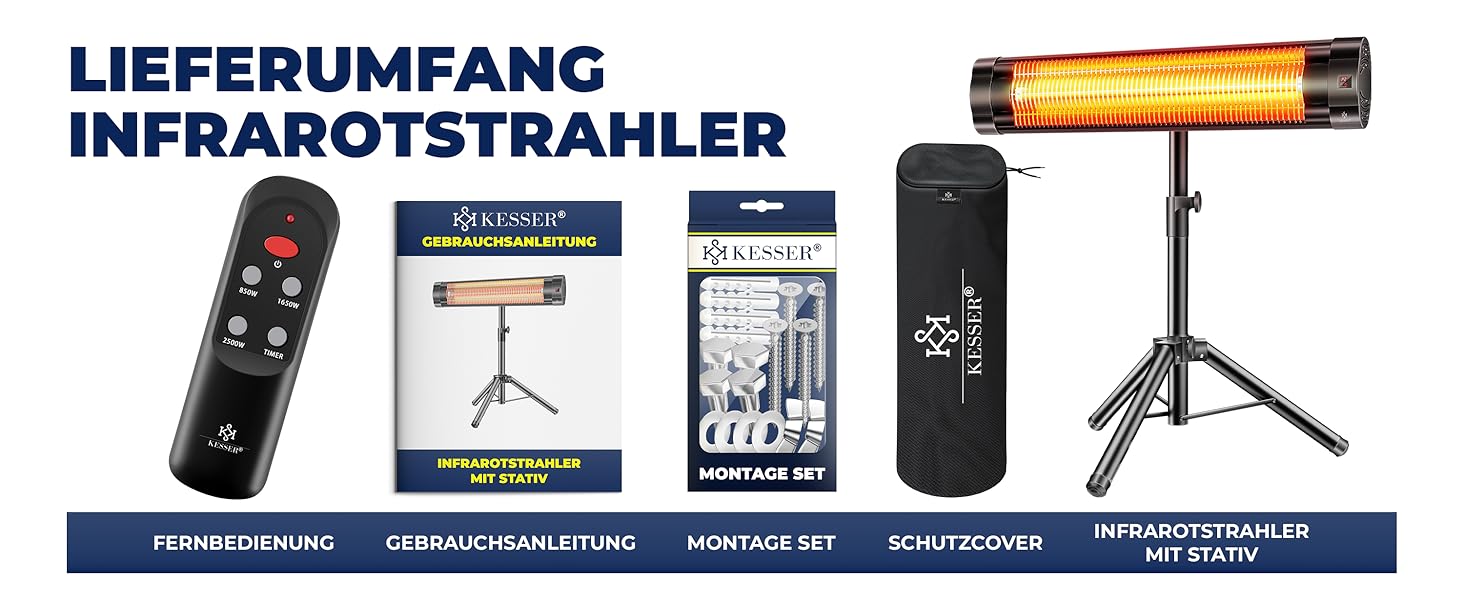 Інфрачервовий обігрівач KESSER® 2500W з пультком та захисним чохлом, телескопічним штативом, для тераси та дому