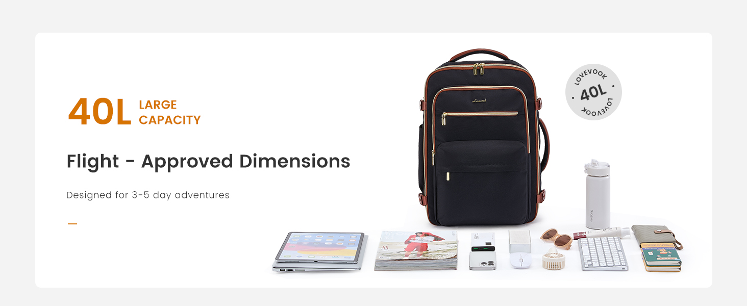 LOVEVOOK Рюкзак для ручної поклажі, 40L, чорний: для ноутбука 17.3