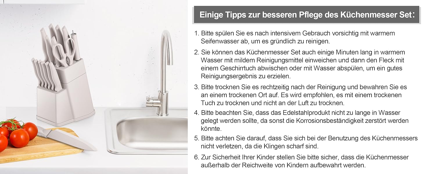 Набір кухонних ножів TEAMFAR з підставкою, 15 предметів, нержавіюча сталь, з точильним каменем, антипригарне покриття, для нарізки, подрібнення, колір хакі